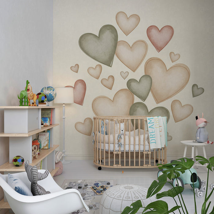 Lastenhuoneen tapetti | Lempeitä ja pastellisävyisiä sydämiä kermaisella taustalla