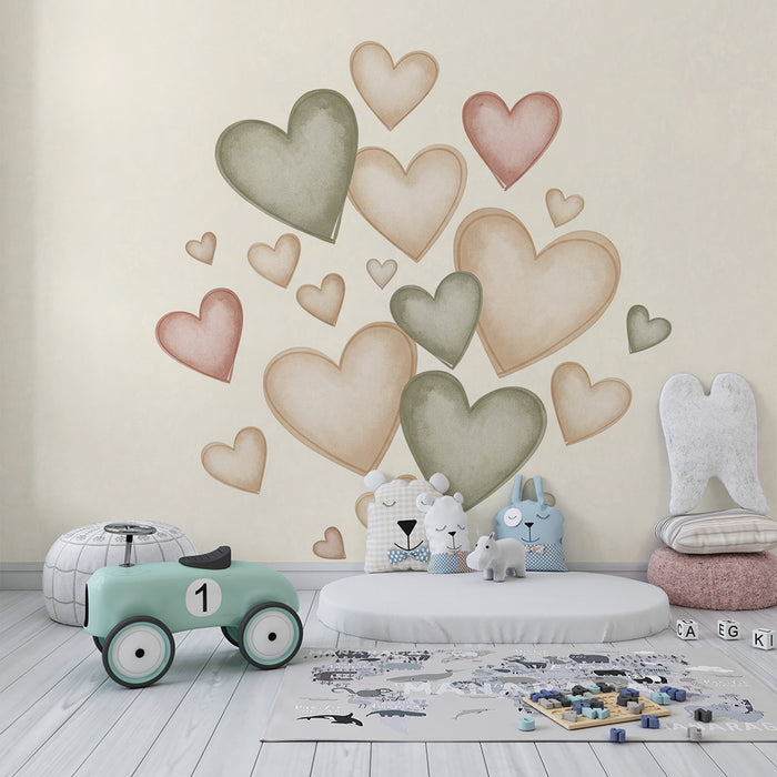 Lastenhuoneen tapetti | Lempeitä ja pastellisävyisiä sydämiä kermaisella taustalla