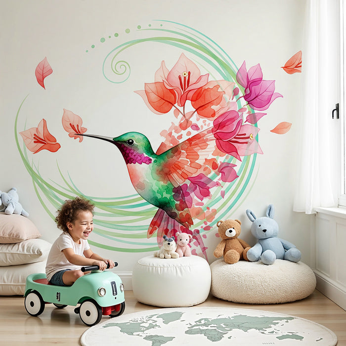 Papier peint chambre bébé | Colibri coloré entouré de fleurs délicates
