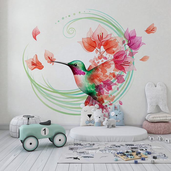 Papier peint chambre bébé | Colibri coloré entouré de fleurs délicates