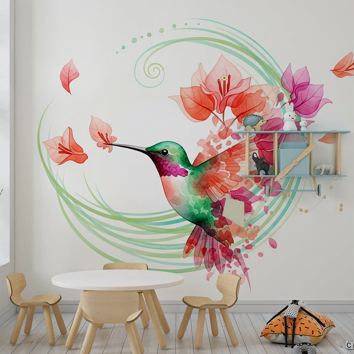 Papier peint chambre bébé | Colibri coloré entouré de fleurs délicates