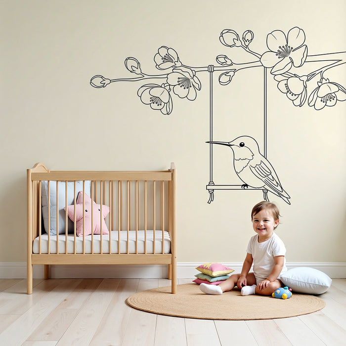 Papier peint chambre bébé | Colibri suspendu parmi les fleurs délicates