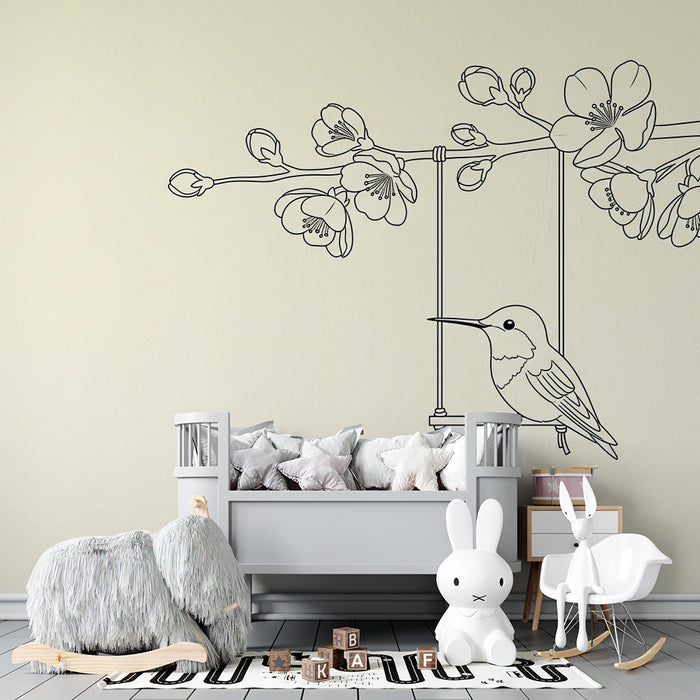 Papier peint chambre bébé | Colibri suspendu parmi les fleurs délicates