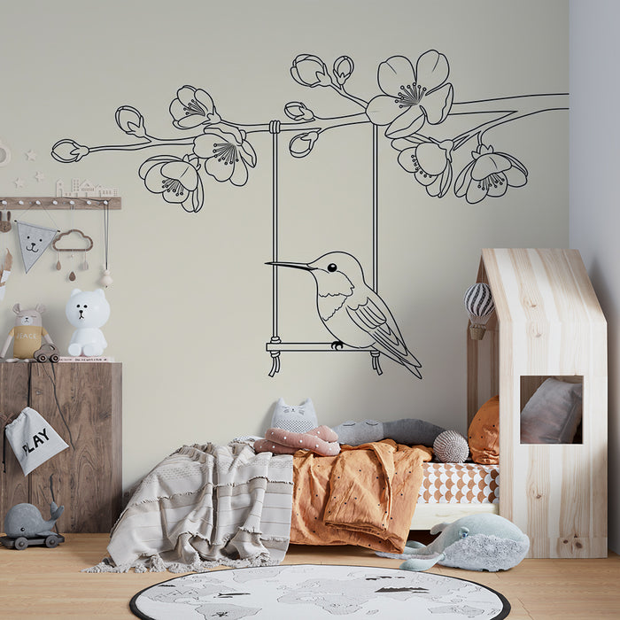 Papier peint chambre bébé | Colibri suspendu parmi les fleurs délicates