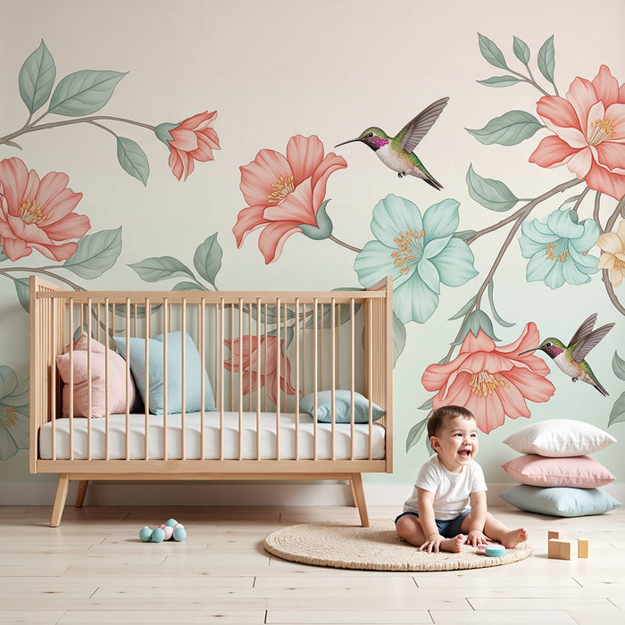 Papier peint chambre bébé | Colibris et fleurs délicates dans des teintes pastel