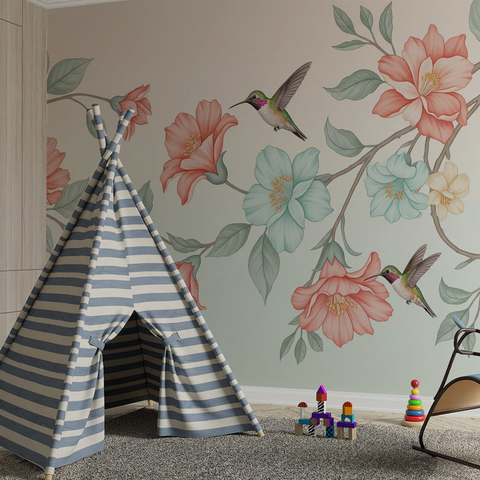 Papier peint chambre bébé | Colibris et fleurs délicates dans des teintes pastel
