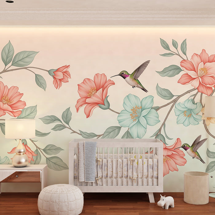 Papier peint chambre bébé | Colibris et fleurs délicates dans des teintes pastel