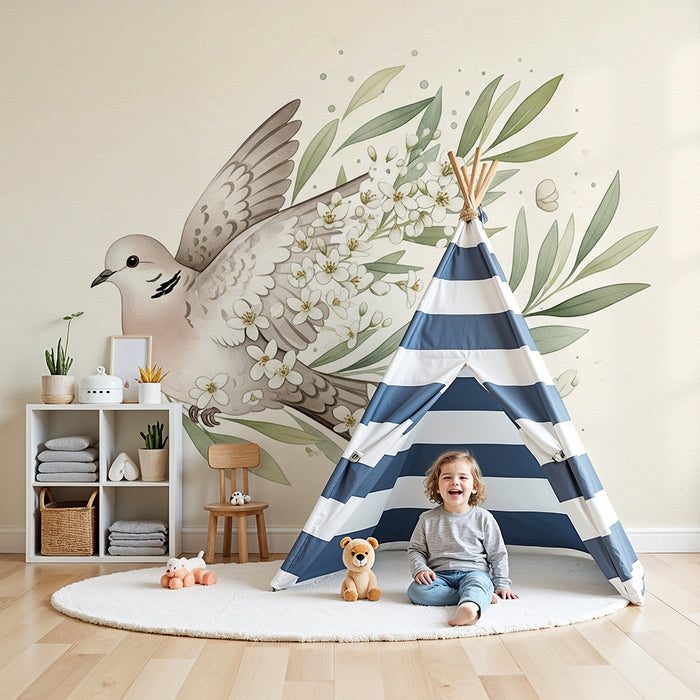 Papier peint chambre bébé | Colombe délicate entourée de fleurs et de feuillage