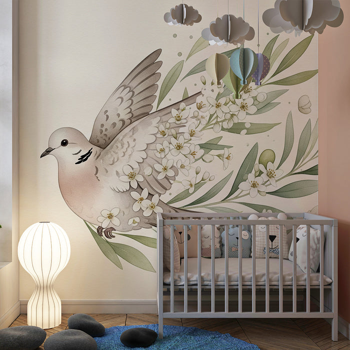Papier peint chambre bébé | Colombe délicate entourée de fleurs et de feuillage
