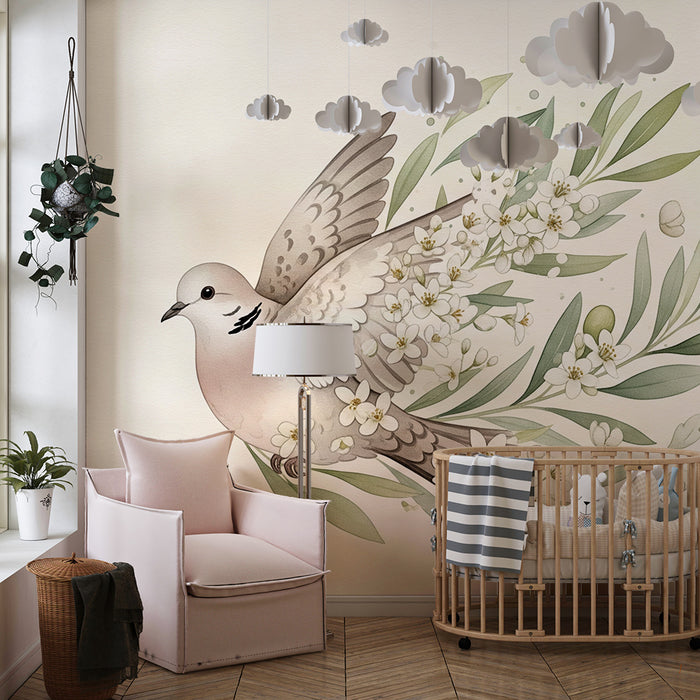 Papier peint chambre bébé | Colombe délicate entourée de fleurs et de feuillage