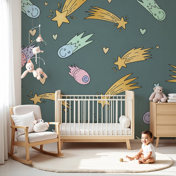 Barntapet | Färgglada kometar och glittrande stjärnor på mjuk bakgrund