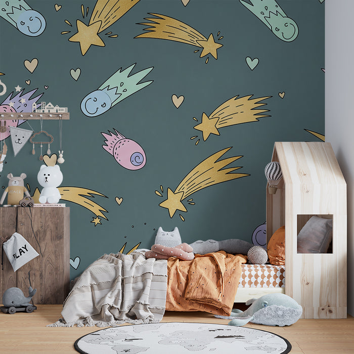 Barntapet | Färgglada kometar och glittrande stjärnor på mjuk bakgrund