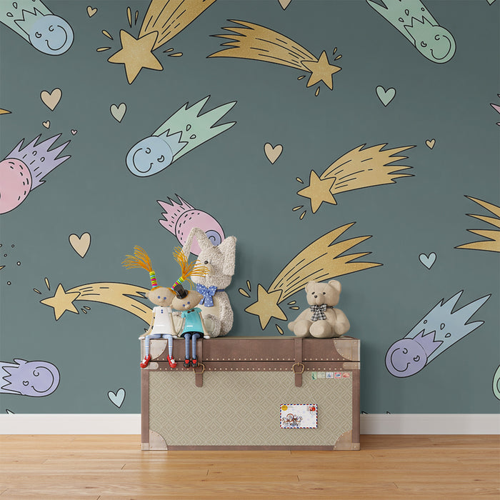 Barntapet | Färgglada kometar och glittrande stjärnor på mjuk bakgrund