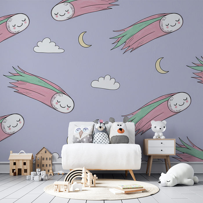 Barntapet | Leende kometer på en pastellfärgad himmel