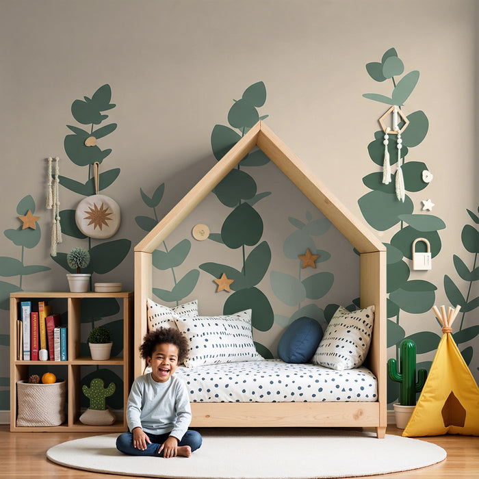 Baby nursery wallpaper | Delicate leaf composition on a soft, harmonious background