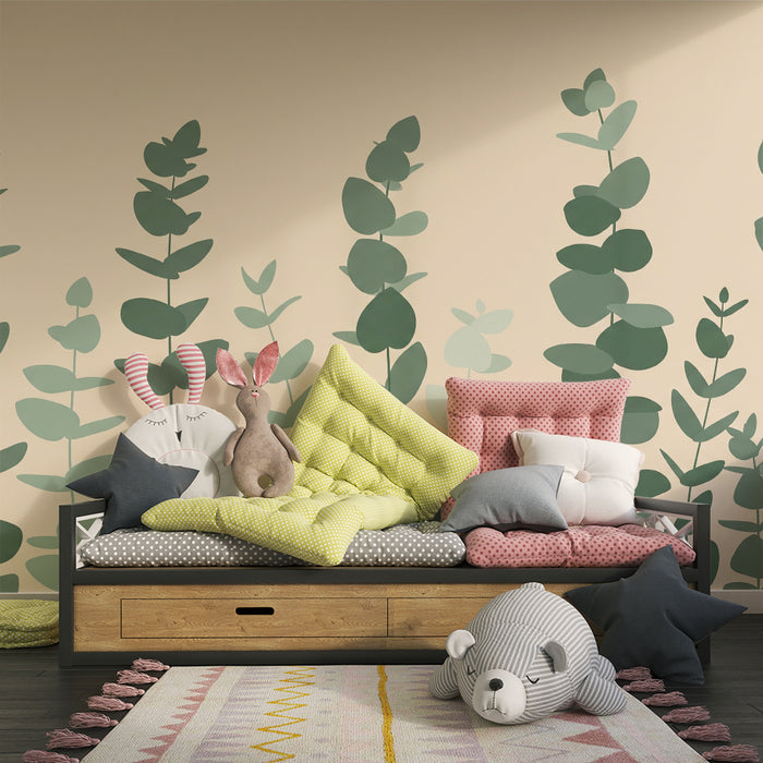 Baby nursery wallpaper | Delicate leaf composition on a soft, harmonious background