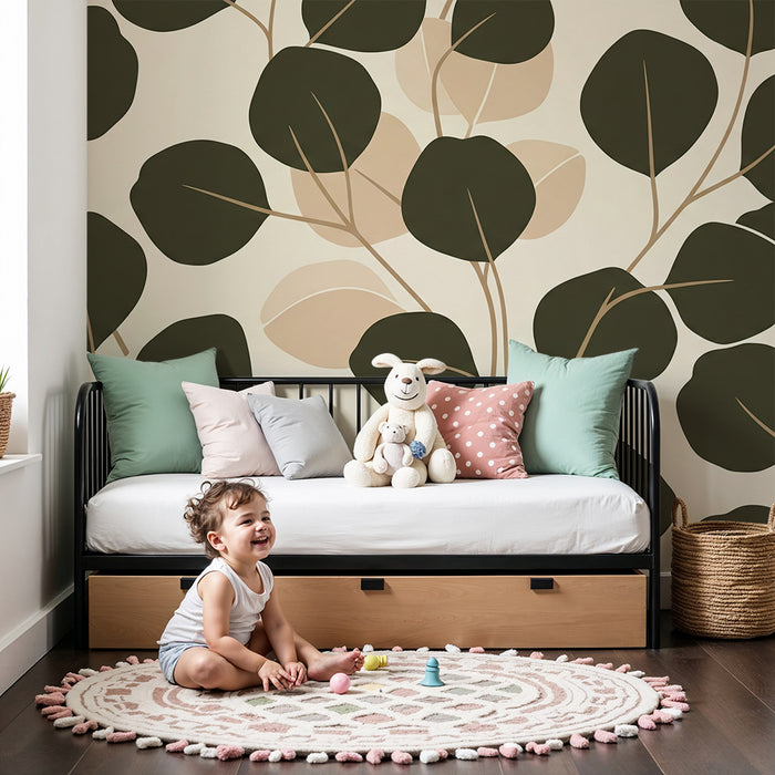 Papier peint chambre bébé | Composition de feuilles délicates sur fond doux et tendre