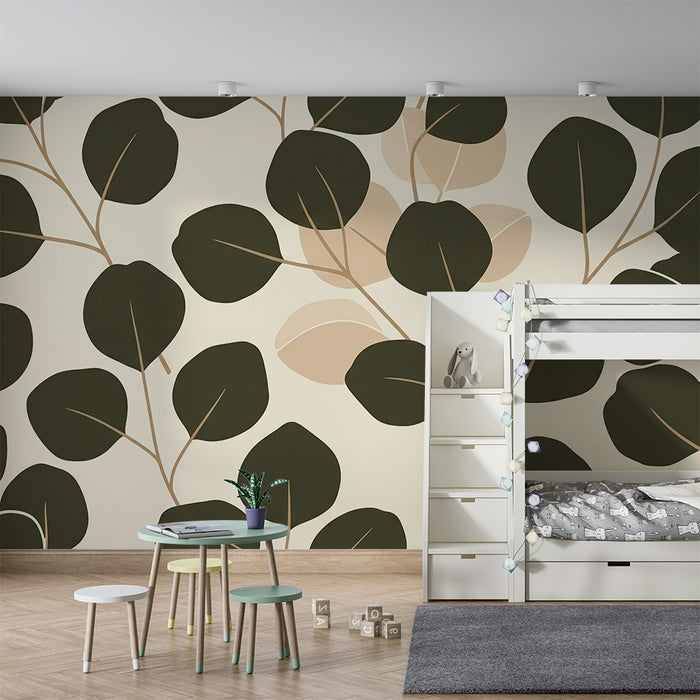 Papier peint chambre bébé | Composition de feuilles délicates sur fond doux et tendre