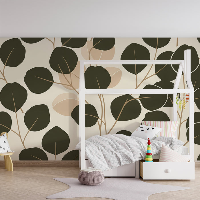 Papier peint chambre bébé | Composition de feuilles délicates sur fond doux et tendre