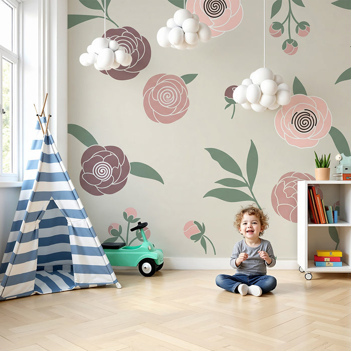 Papel de parede para quarto de bebé | Composição de peónias delicadas sobre fundo suave e elegante