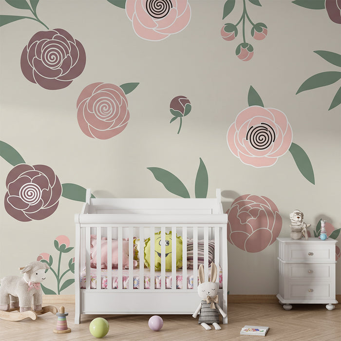 Papel de parede para quarto de bebé | Composição de peónias delicadas sobre fundo suave e elegante