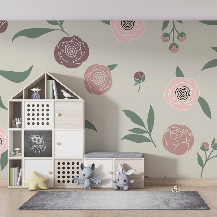 Papel de parede para quarto de bebé | Composição de peónias delicadas sobre fundo suave e elegante