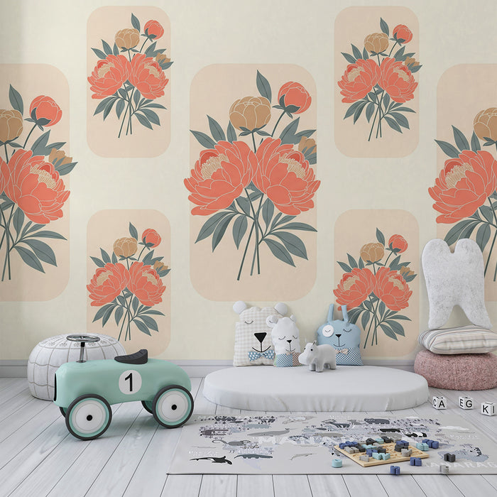 Papel de parede para quarto de bebé | Composição de peónias delicadas sobre fundo suave e macio