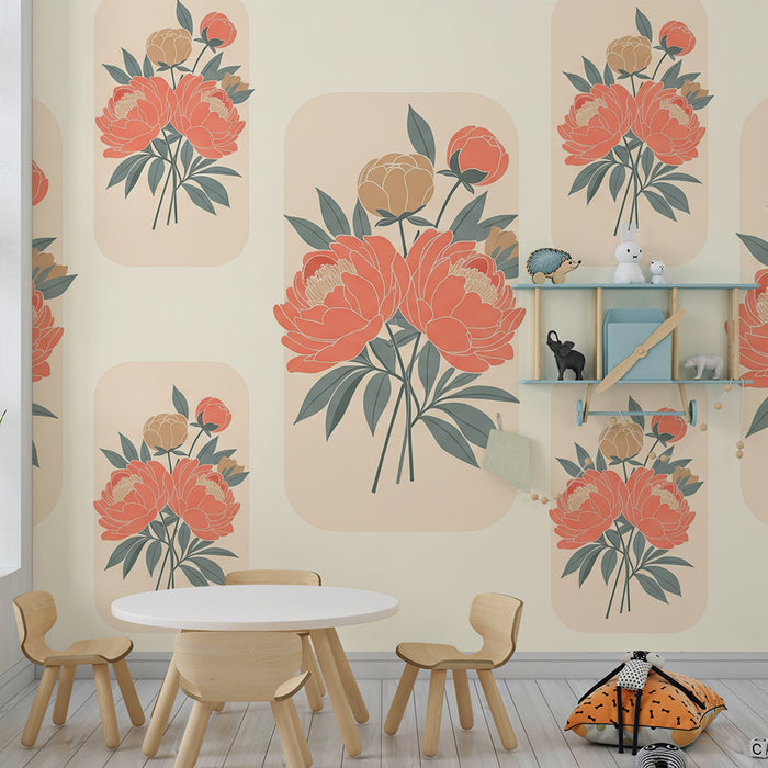 Papel de parede para quarto de bebé | Composição de peónias delicadas sobre fundo suave e macio
