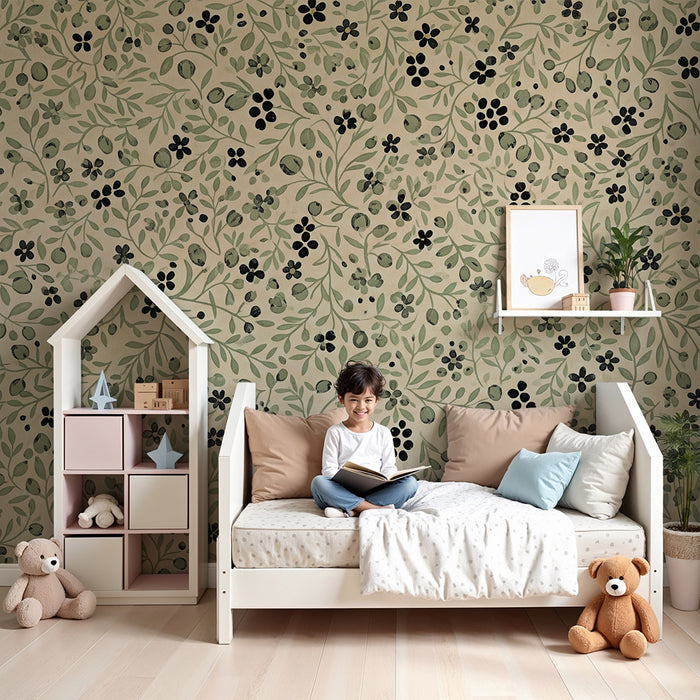 Papier peint chambre bébé | Composition florale délicate sur fond beige
