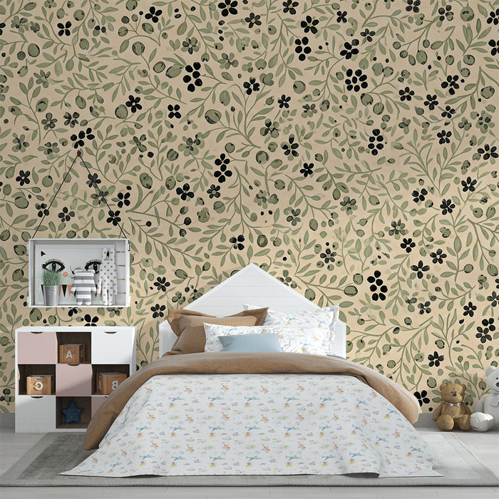 Papier peint chambre bébé | Composition florale délicate sur fond beige