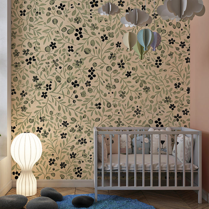 Papier peint chambre bébé | Composition florale délicate sur fond beige