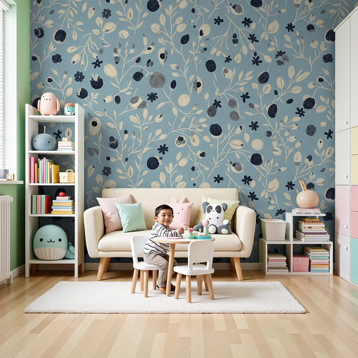 Papier peint chambre bébé | Composition florale délicate sur fond bleu apaisant