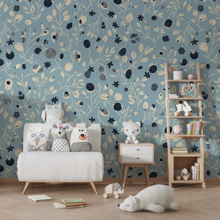 Papier peint chambre bébé | Composition florale délicate sur fond bleu apaisant