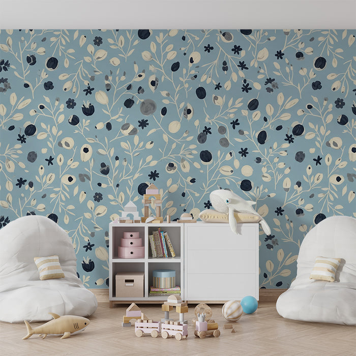 Papier peint chambre bébé | Composition florale délicate sur fond bleu apaisant