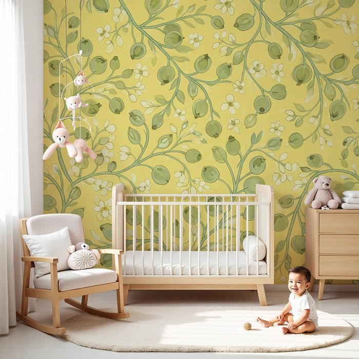 Papier peint chambre bébé | Composition florale délicate sur fond jaune