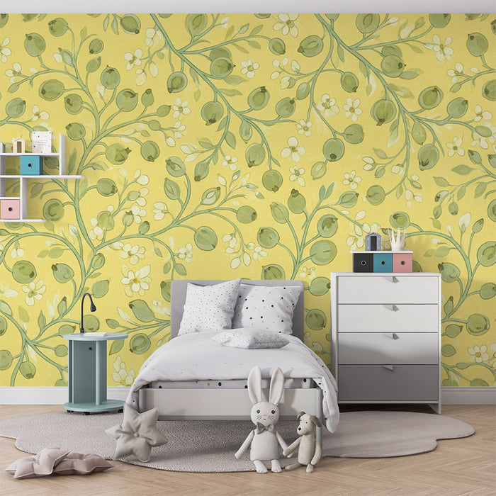 Papier peint chambre bébé | Composition florale délicate sur fond jaune