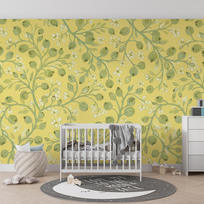 Papier peint chambre bébé | Composition florale délicate sur fond jaune