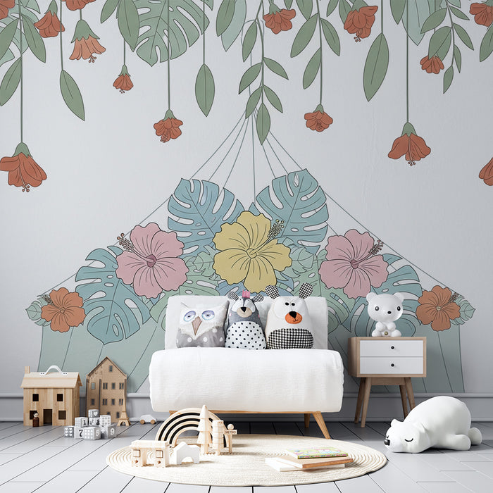 Papier peint chambre bébé | Composition florale tombante