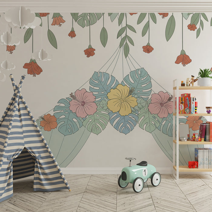 Papier peint chambre bébé | Composition florale tombante