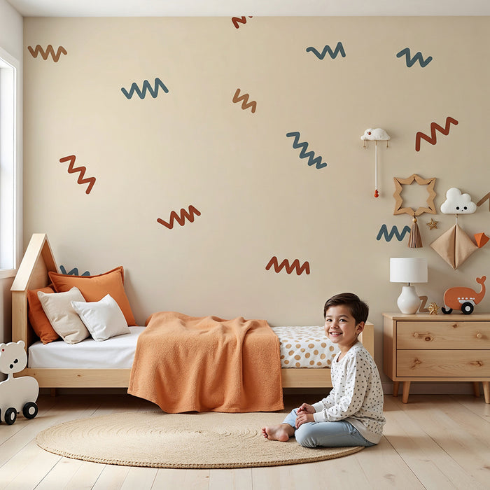 Papier peint chambre bébé | Composition ondulée colorée sur fond doux