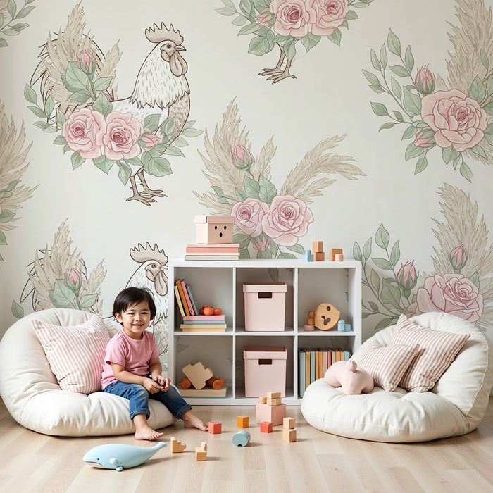Barntapet | Eleganta tuppar omgivna av delikata rosor och lövwerk