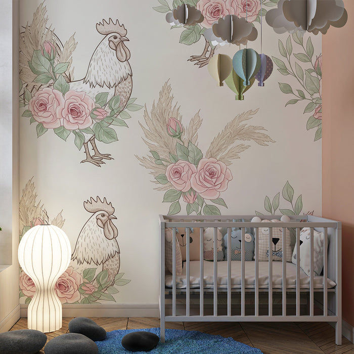 Barntapet | Eleganta tuppar omgivna av delikata rosor och lövwerk