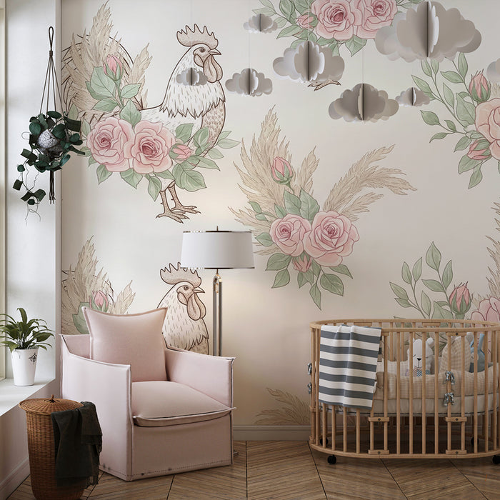 Barntapet | Eleganta tuppar omgivna av delikata rosor och lövwerk