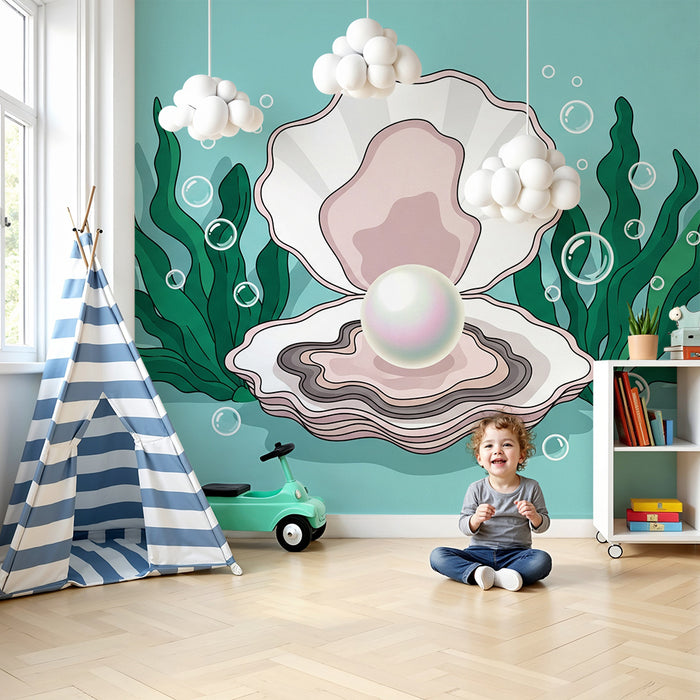 Papel de parede para quarto de bebé | Concha com pérola e algas marinhas