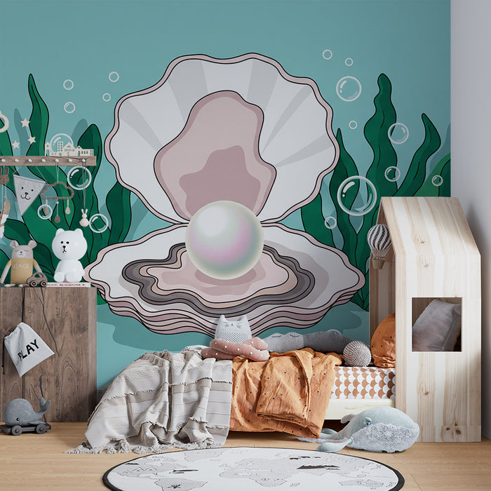 Papel de parede para quarto de bebé | Concha com pérola e algas marinhas