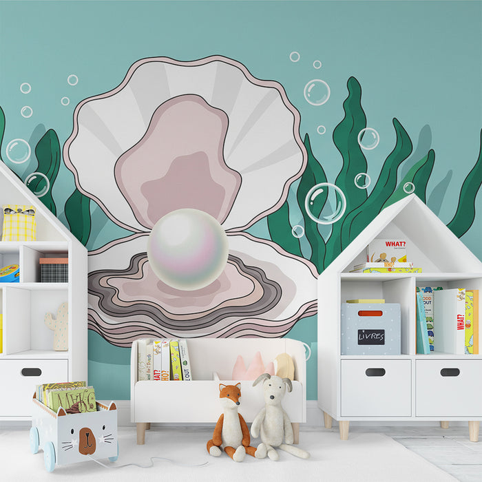 Papel de parede para quarto de bebé | Concha com pérola e algas marinhas