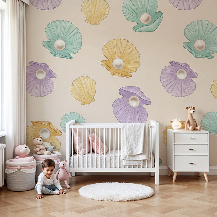 Papel de parede para quarto de bebé | Conchas coloridas com pérolas sobre fundo suave