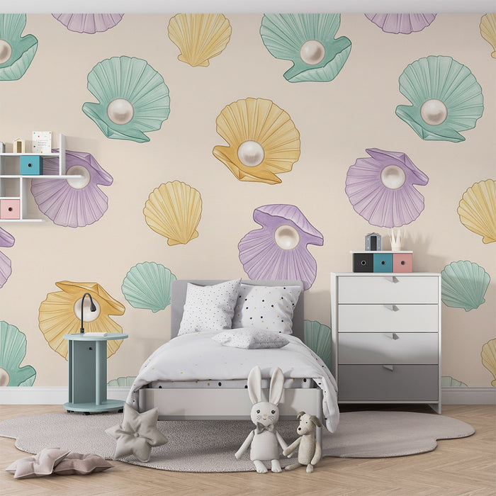 Papel de parede para quarto de bebé | Conchas coloridas com pérolas sobre fundo suave