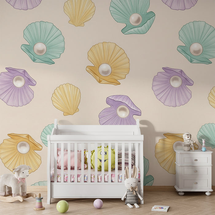Papel de parede para quarto de bebé | Conchas coloridas com pérolas sobre fundo suave