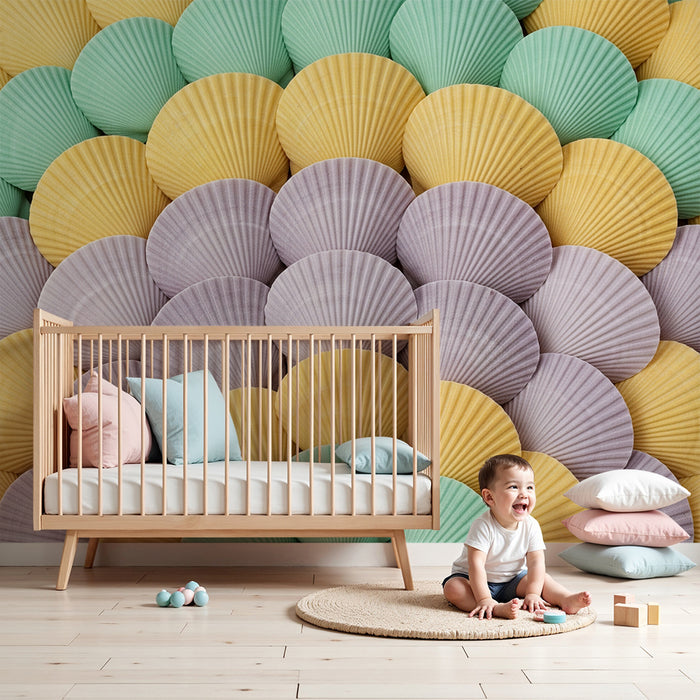 Papel de parede para quarto de bebé | Conchas coloridas em degradé pastel